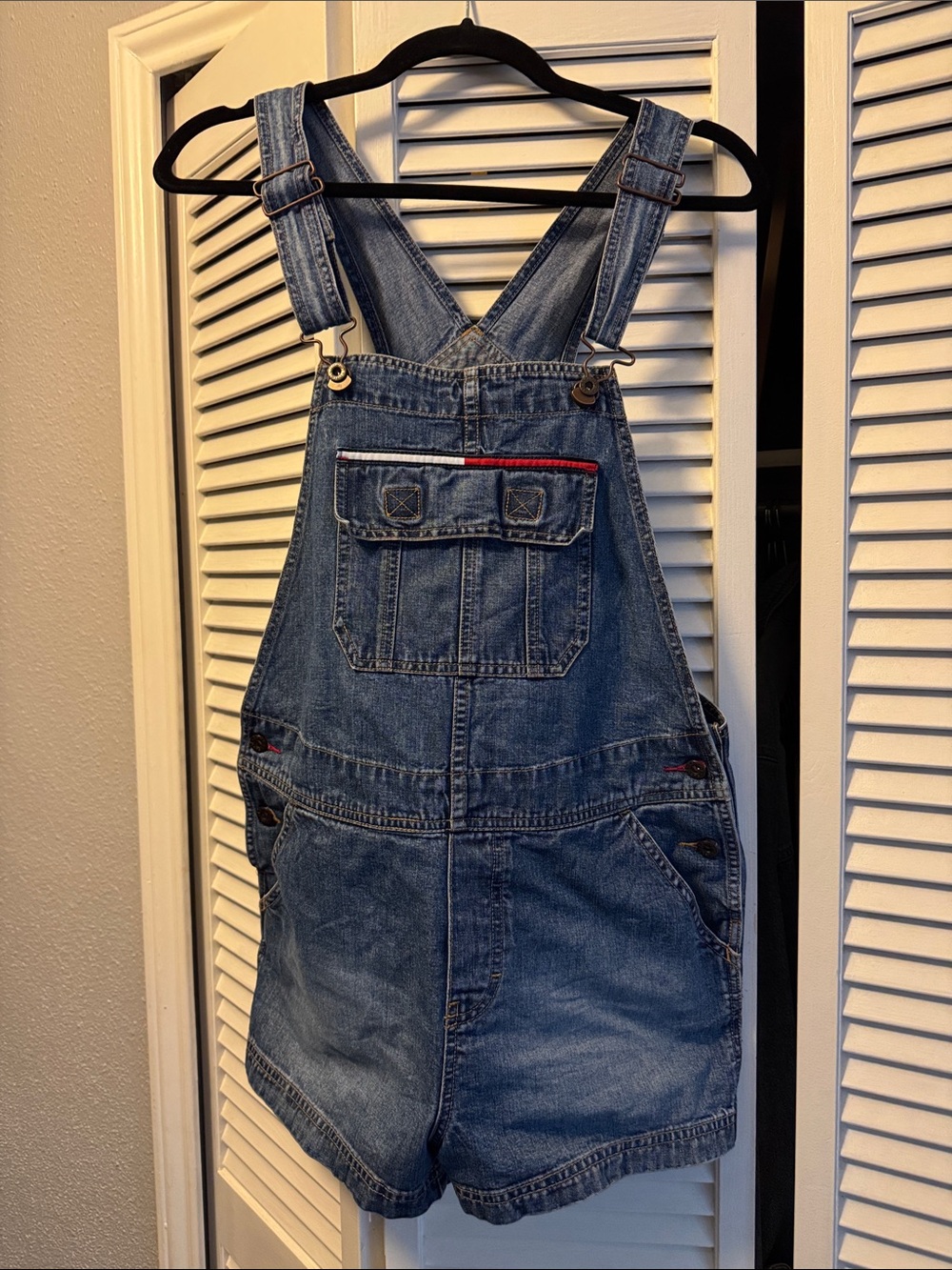 Tommy Hilfiger Blue Denim Short Overalls with Red Trim